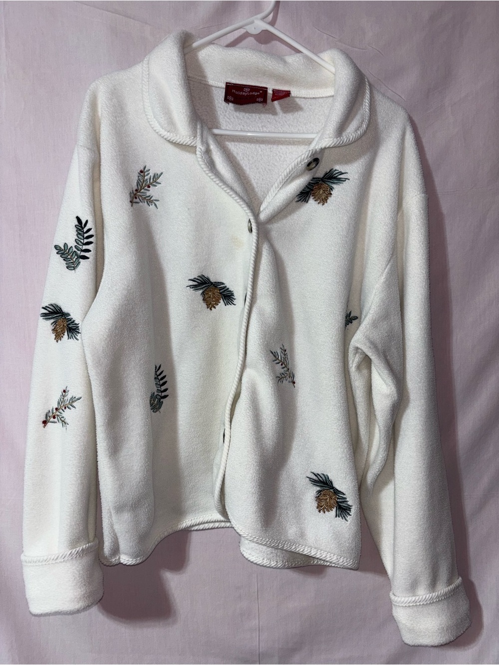 White Embroidered Pinecone Fleece Snap-Front Jacket